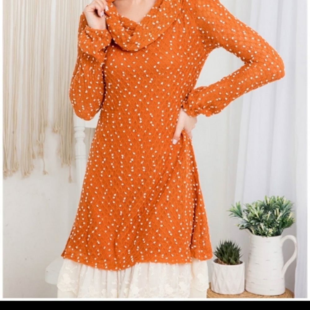 Rust Ivory Cowl Neck Dot tTextured, Ruffle Lace Bottom Long Sleeve Dress - Picture 2 of 5